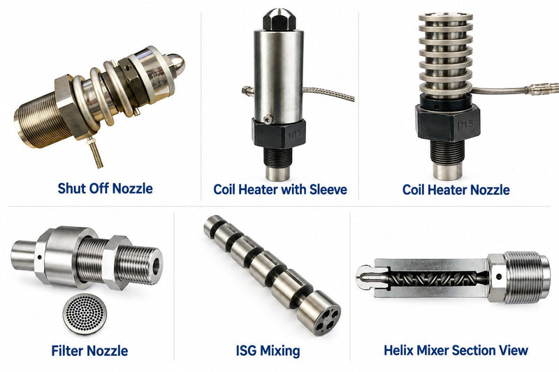 MIXING, FILTER, SHUT OFF and INTERNALLY HEATED NOZZLES